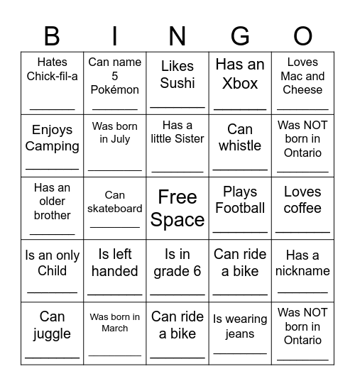 YOUTH HUMAN BINGO Card