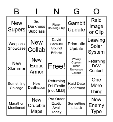 Reveal Stream Bingo Card