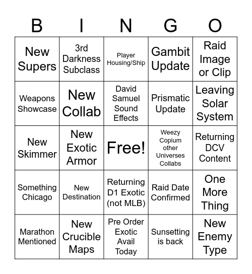 Reveal Stream Bingo Card