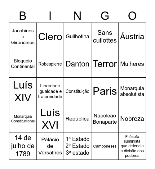 Revolução Francesa Bingo Card