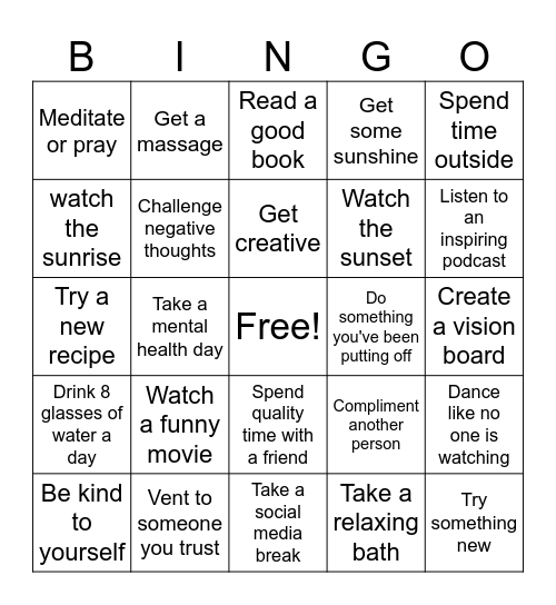 Self Care Bingo Card