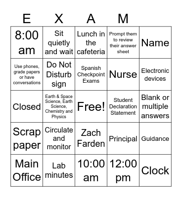 Regents Proctoring BINGO Card