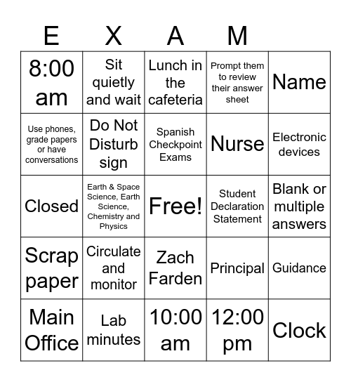 Regents Proctoring BINGO Card
