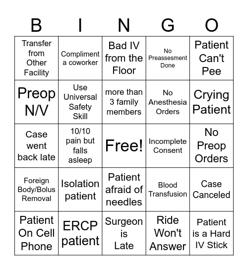 BSSF Periop Bingo Card