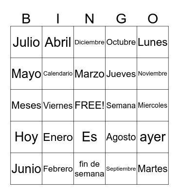 Palabras sobre Fechas Bingo Card