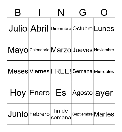 Palabras sobre Fechas Bingo Card