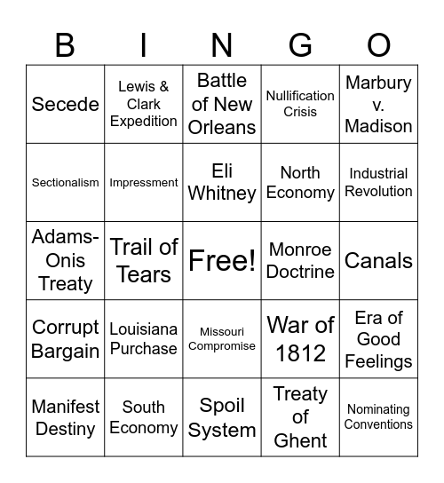 U.S. History CFE Review Bingo Card