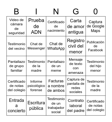 BINGO DE LA PRUEBA JURIDICA Bingo Card