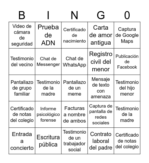 BINGO DE LA PRUEBA JURIDICA Bingo Card