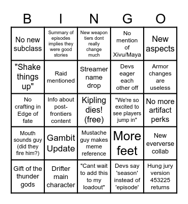 Edge of fate bingo Card