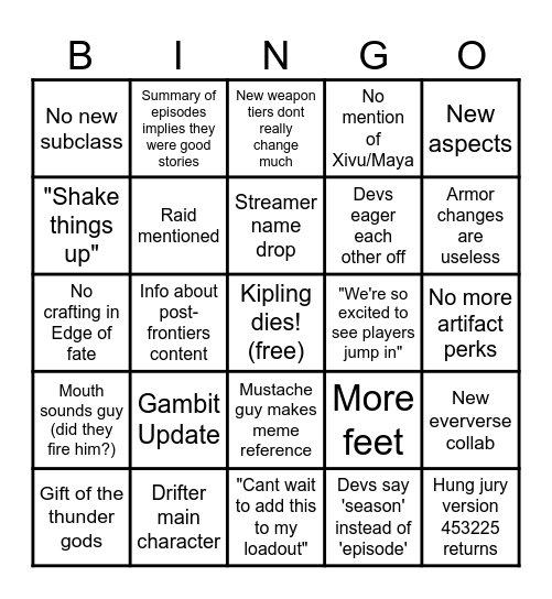 Edge of fate bingo Card