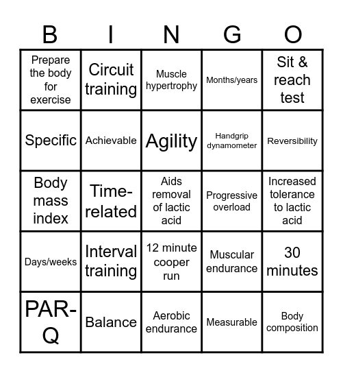 BTEC Sport Bingo Card