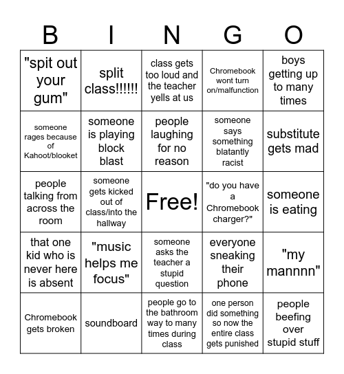 school bingo Card