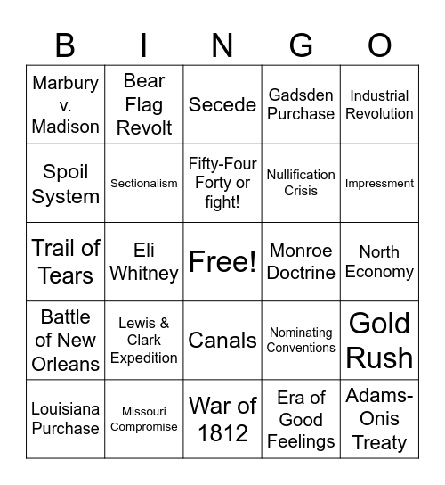 U.S. History CFE Review Bingo Card