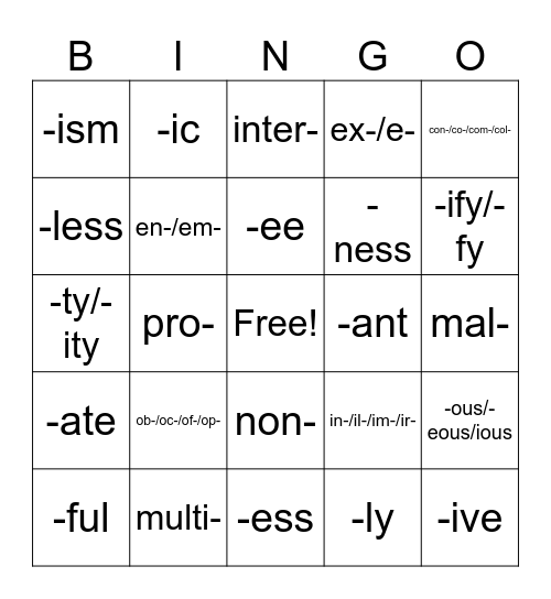WORD PART BINGO Card