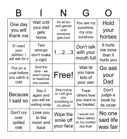 Mother Day Sayings Bingo Card