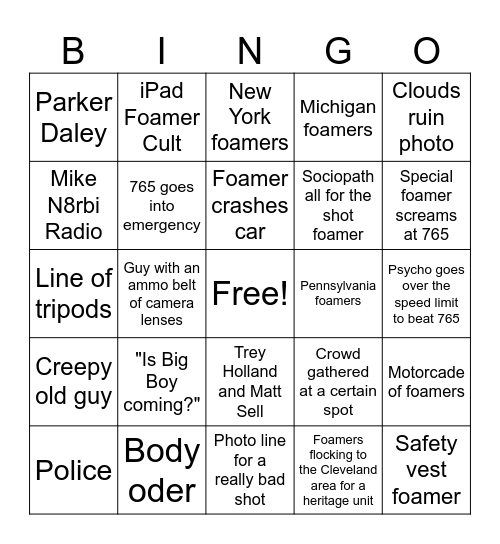NKP 765 W&LE Excursion Bingo Card
