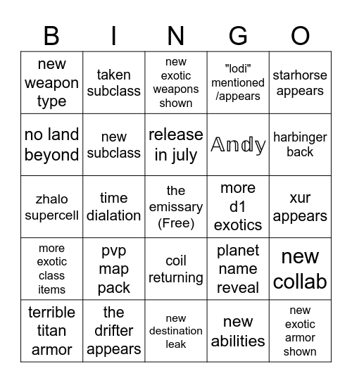 what will appear in the bungie livestream for d2 today Bingo Card