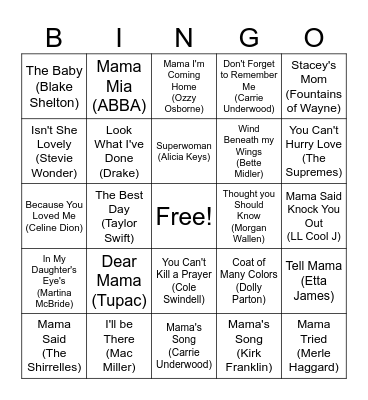 Songs About Mom Bingo Card