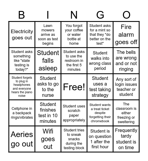 Standardized Testing Bingo Card