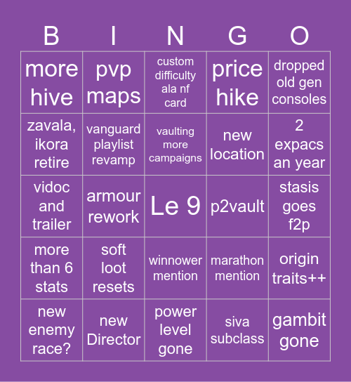 D2: Edge of Fate Bingo Card