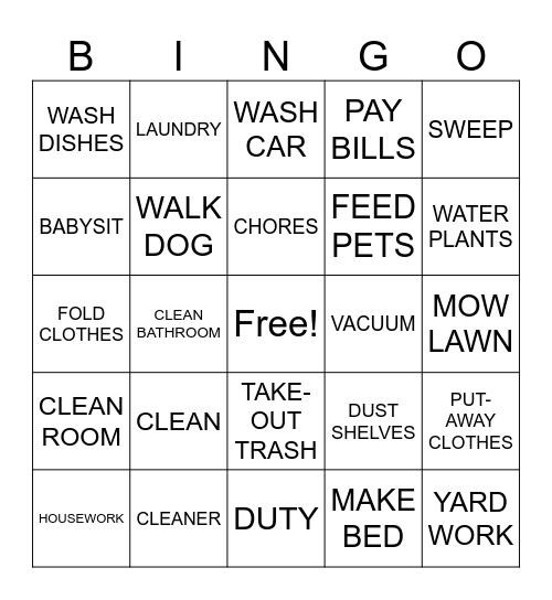 Chores: ASL 1 Bingo Card