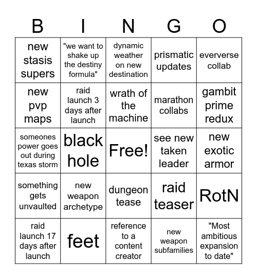 feet. Bingo Card