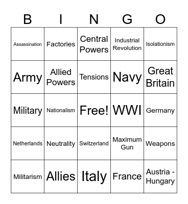 WWI Bingo Card