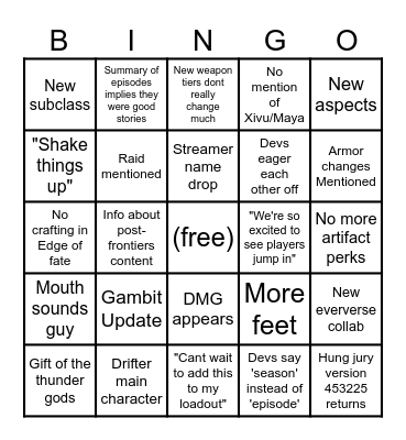 Edge of fate bingo Card