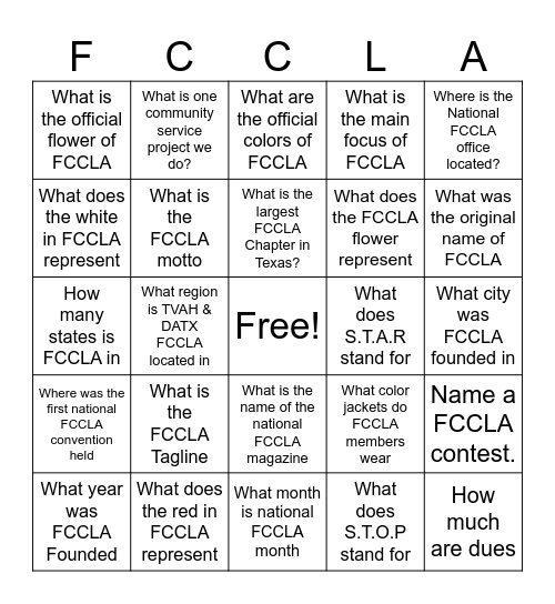 FCCLA Bingo Card