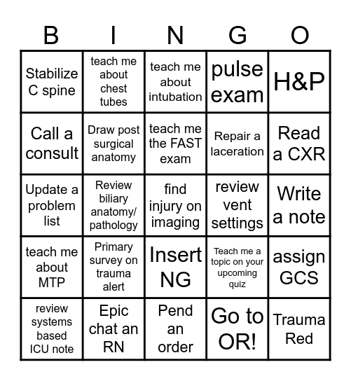 Med Student Trauma Call BINGO Card