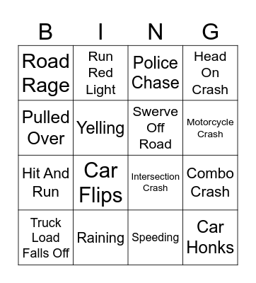 Car Crash Bingo Card