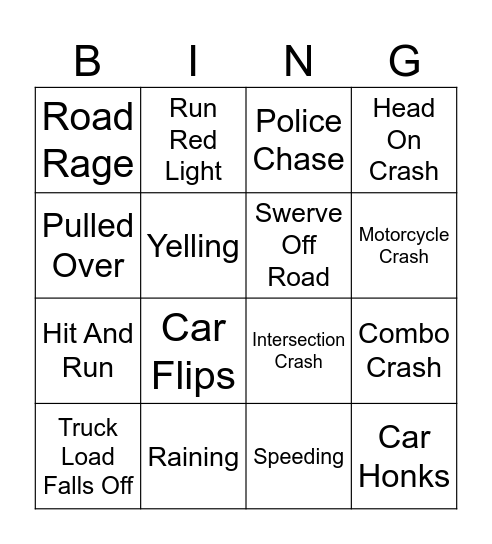 Car Crash Bingo Card