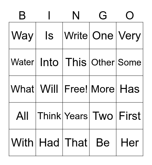 Sight Word Bingo Card