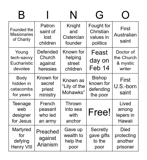 Saint Bingo! Bingo Card