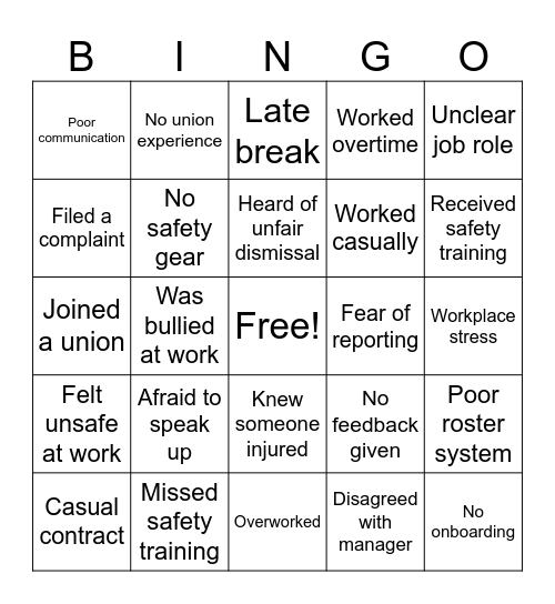OHS & ER BINGO Card