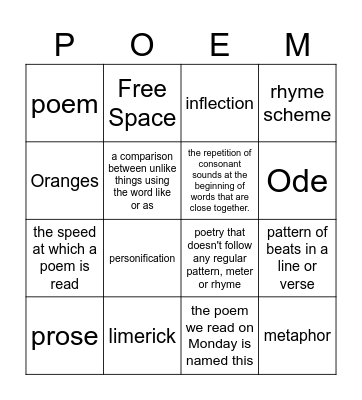 Poetry Word Wall Review Bingo Card