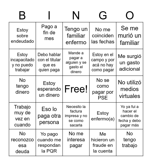 Bingo de objeciones Bingo Card