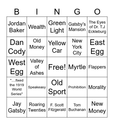 The Great Gatsby Bingo Card