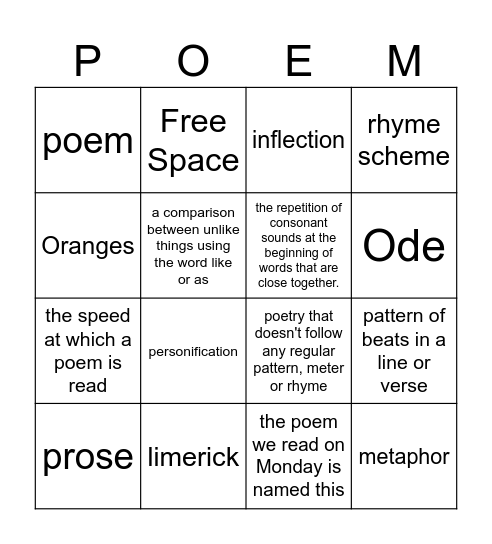 Poetry Word Wall Review Bingo Card