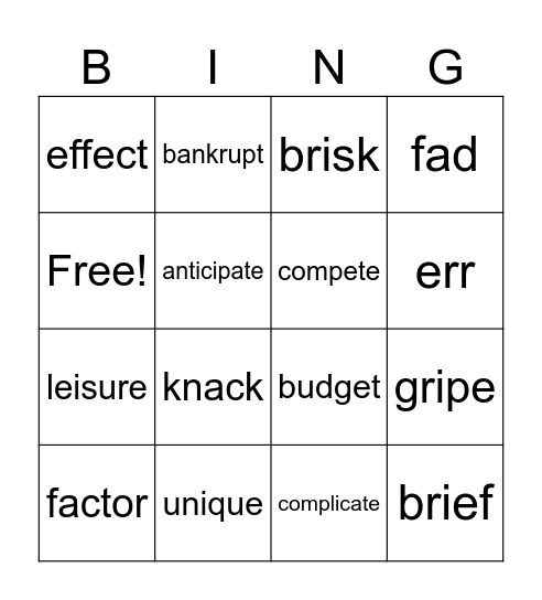 Vocabulary Lesson 10 Bingo! Bingo Card