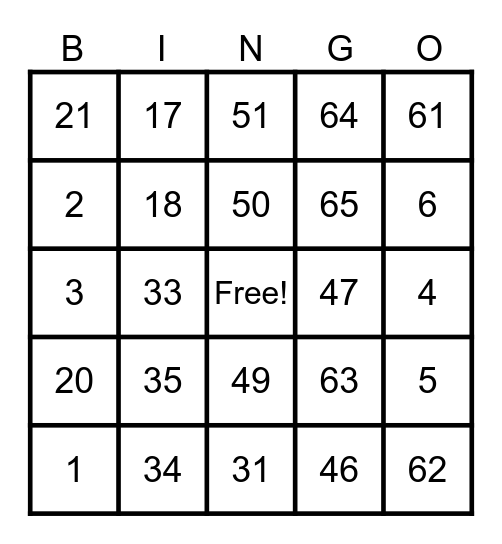 Math Mental Connect Bingo Card