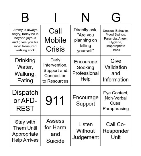 Mental Health First Aid Bingo Card