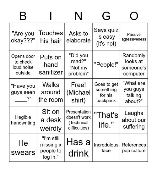 Michael Class Bingo Card