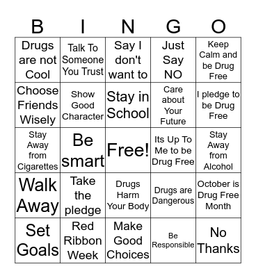 Drug Free Bingo Card