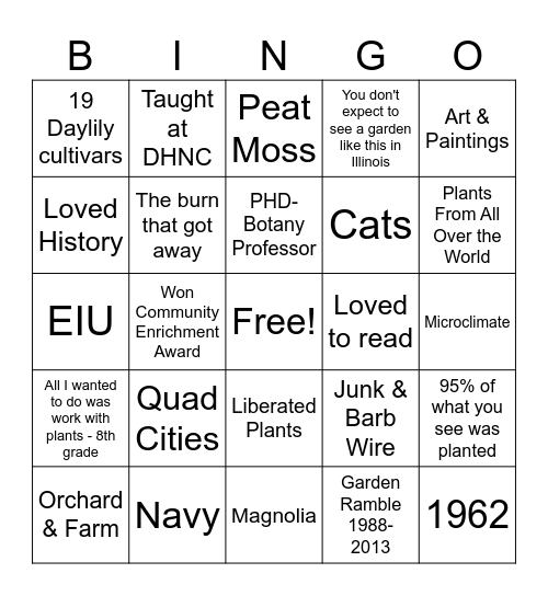 The Whiteside Garden Bingo Card