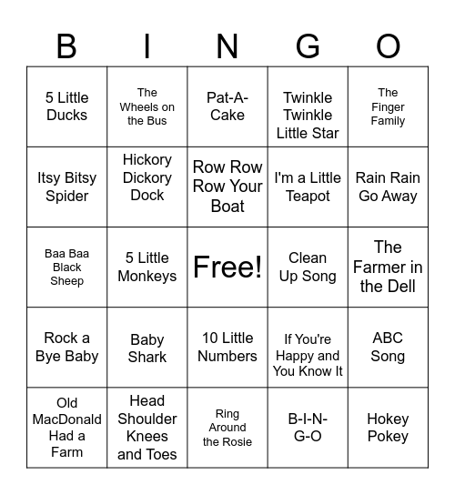 CHILDREN'S SONGS Bingo Card