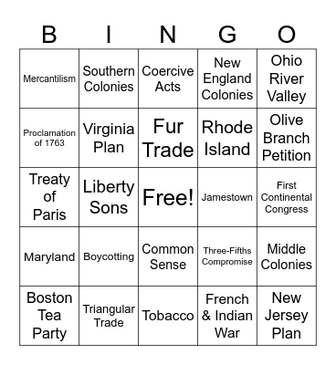 U.S. History CFE Review Part 2 Bingo Card