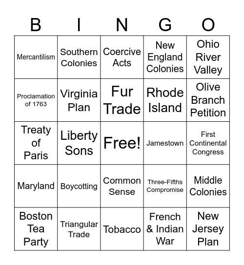 U.S. History CFE Review Part 2 Bingo Card