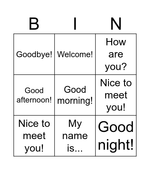 GREETINGS Bingo Card